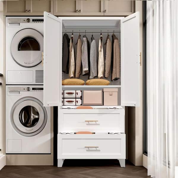 White 31.5 in. W Steel Wardrobe Armoire with 2-Drawers, Hanging Rod and Adjustable Shelf for Bedroom Storage