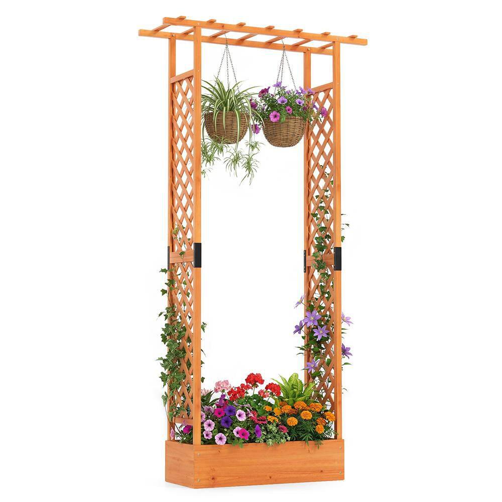 Raised Garden Bed w/ Flat Roof & Side Trellis 2-in-1 Fir Wood Planter Box for Climbing Plants Flowers Vegetables Orange price history on PriceWatchPro