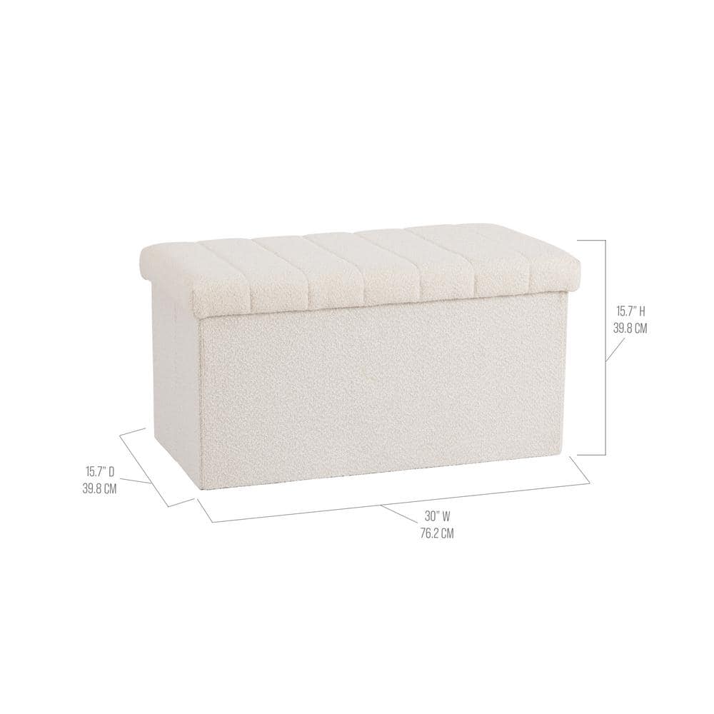30" White Boucle Upholstered Storage Ottoman Bench