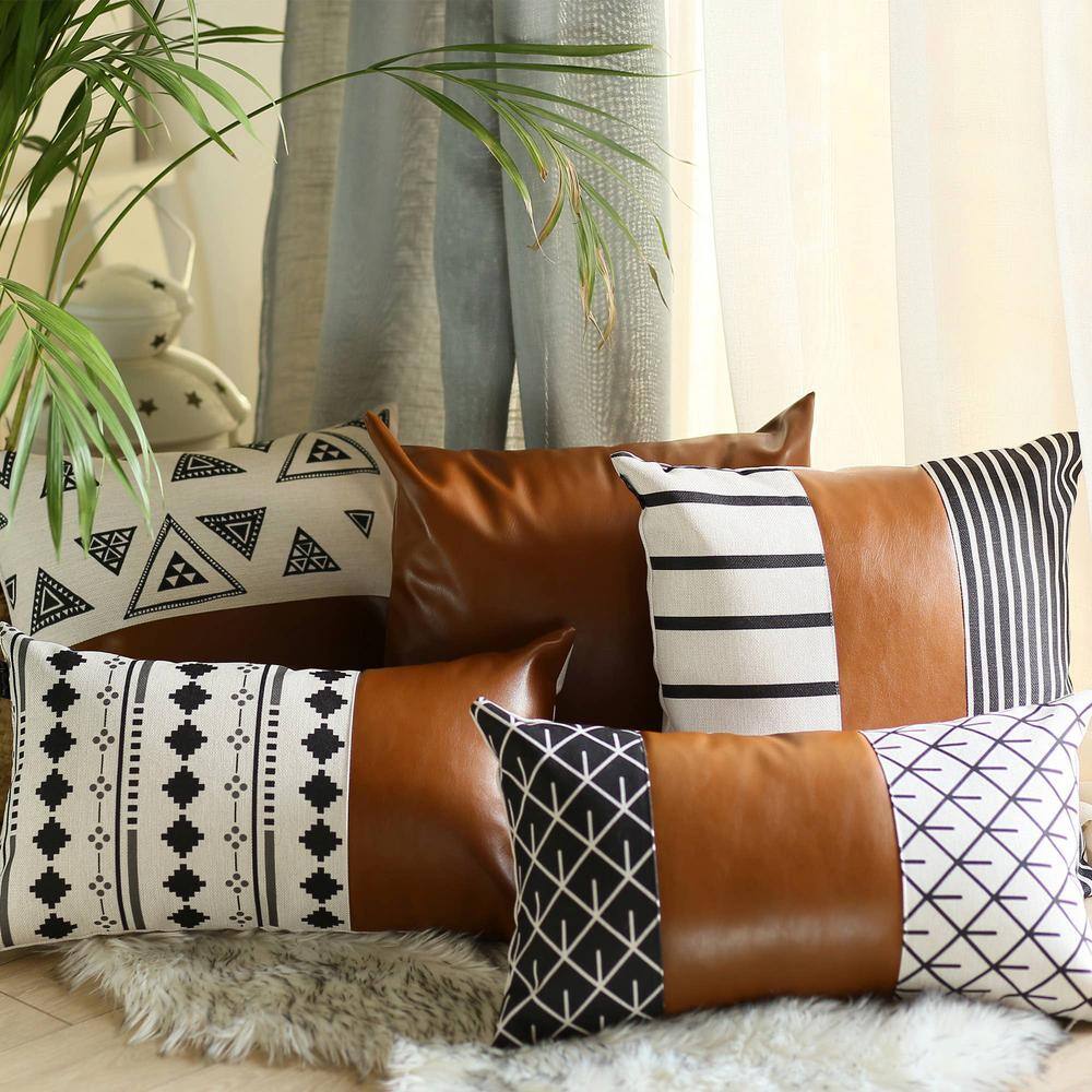 Brown Vegan Faux Leather Boho Lumbar Pillow Cover 12" x 20"