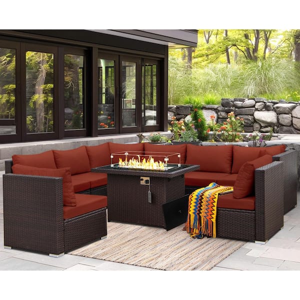 FINCATI Large Size Espresso 9-Piece Wicker Patio Conversation Deep Seating Sectional Sofa Set with Fire Pit and Red Cushions
