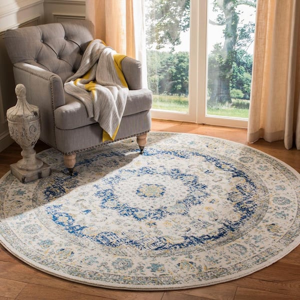 Evoke 7 ft. x 7 ft. Ivory/Blue Round Border Medallion Distressed Area Rug