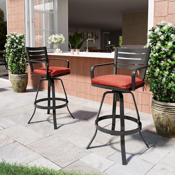 Swivel Cast Aluminum Outdoor Bar Stool with Sunbrella Red Cushion (4-Pack)