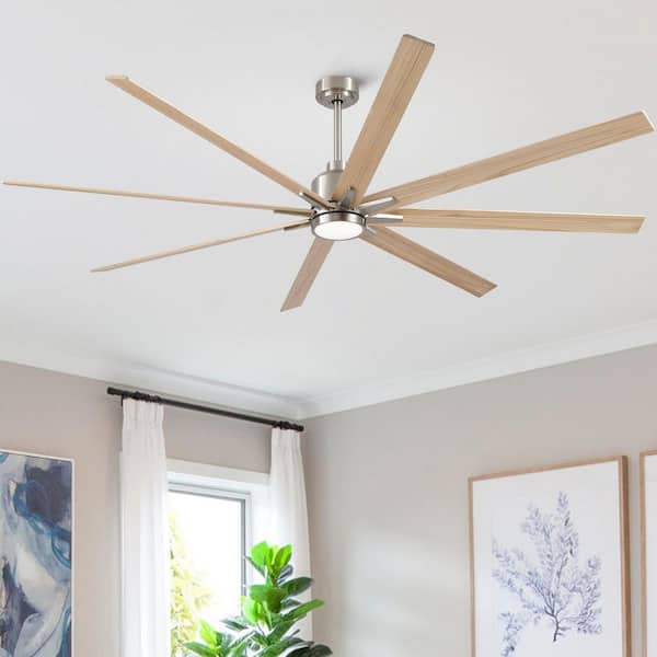 Coastal 84 in. Indoor Brushed Nickel Large Windmill Ceiling Fan with Light, Natural Wood Blades and Remote Control