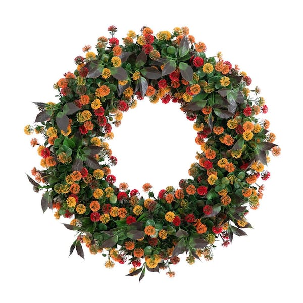 24 in. UV Resistant Autumn Artificial Fall Mum Wreath (Indoor/Outdoor)