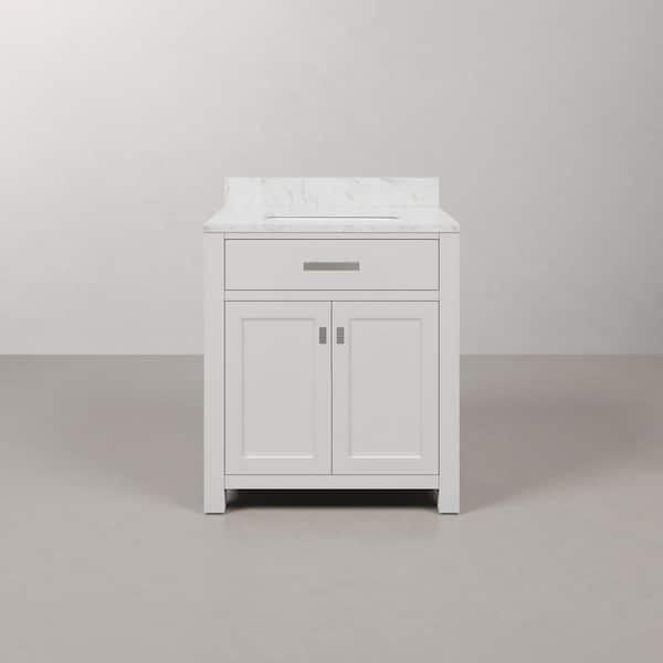 Madison 30 in. W x 21.5 in. D x 34 in. H Single Sink Bath Vanity in Pure White with Carrara White Marble Top