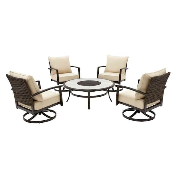 Hampton Bay Whitfield 5 Piece Dark Brown Metal Outdoor Patio Round Fire Pit Seating Set With Sunbrella Beige Tan Cushions H152 01574700 The Home Depot - Brown Metal Patio Chairs With Cushions