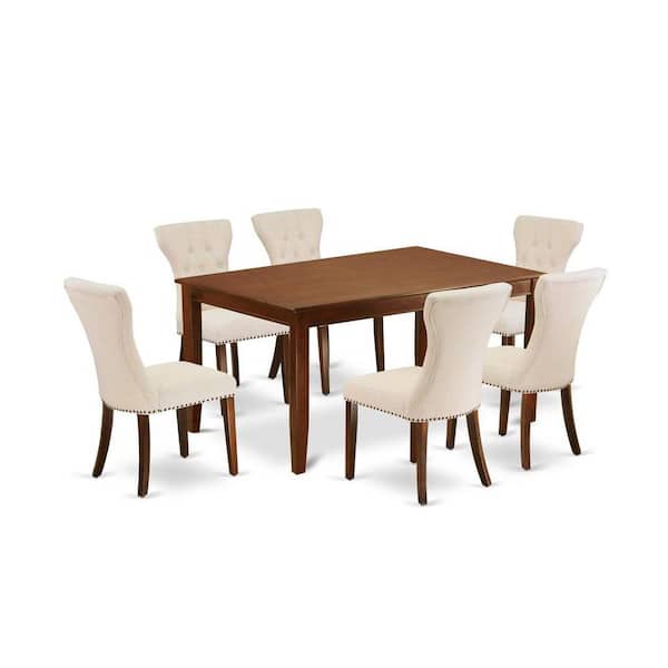 East West Furniture 7-Piece Mahogany Finish Solid Wood Top Dining Table with 6 Parson Chairs with Lattice Back