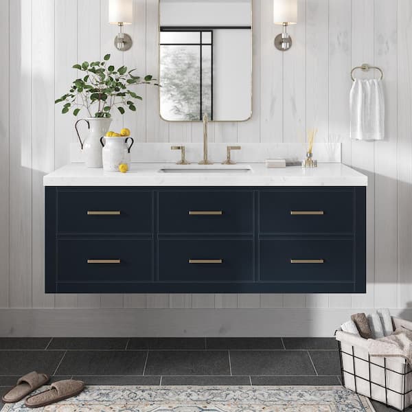 ARIEL Hutton 54.25 in. W x 22 in. D x 19.6 in. H Single Sink Freestanding Bath Vanity in Midnight Blue with Carrara Quartz Top