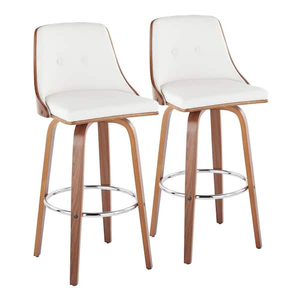 Lumisource Gianna 29.5 in. White Faux Leather, Walnut Wood and Chrome Metal Fixed Height Bar Stool with Round Footrest (Set of 2)