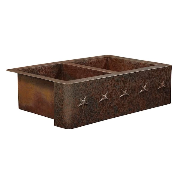 SINKOLOGY Bernini Farmhouse Apron Front Handmade Pure Solid Copper 33 in. Double Bowl 50/50 Kitchen Sink with Star Design