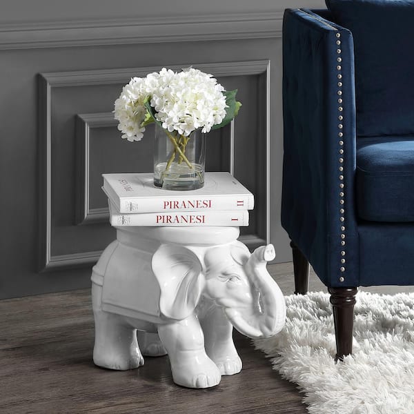 White Elephant 14.2 in. Antique White Ceramic Garden Stool