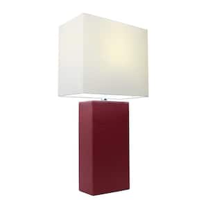 21 in. Modern Red Leather Table Lamp with White Fabric Shade