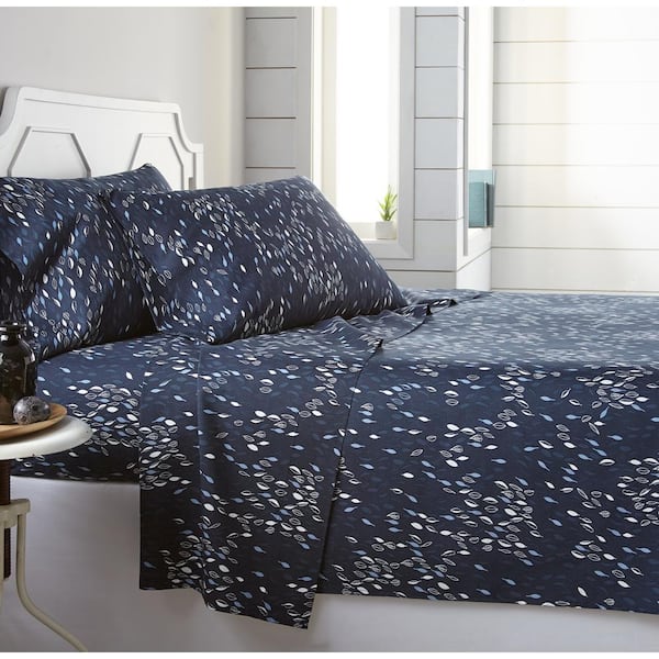 Southshore Fine Linens Botanical Leaf 3-Piece White Leaf on Blue Microfiber Twin XL Sheet Set