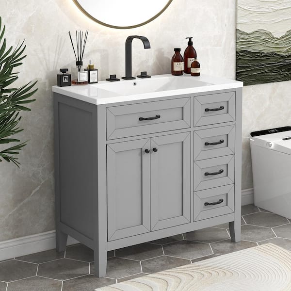 36 in. W x 18 in. D x 36 in. H Gray Bath Vanity with Single Sink and White Ceramic Top, 3-Drawers