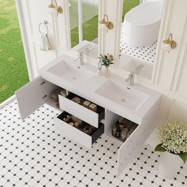 59.06 in. W x 19.69 in. D x 22.44 in. H Wall Hung Bath Vanity in Glossy White with Resin Double Basin Top in White