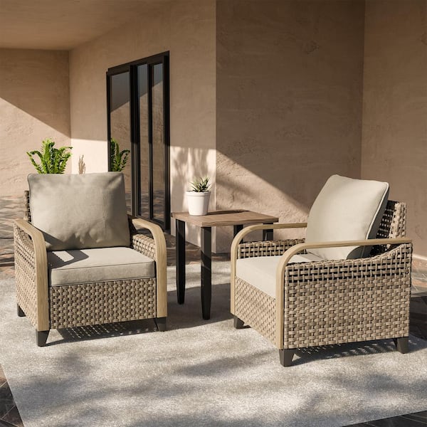 3-Piece Brown Wicker Patio Bistro Set Outdoor Single Sofa Set with Gray Cushions