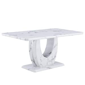 White Modern Rectangular Faux Marble 63.00 in. Pedestal Dining Table Seats for 6