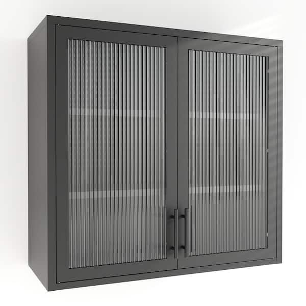 31.5 in. W x 11.8 in. D x 30 in. H Bathroom Storage Wall Cabinet in Black with Fluted Tempered Glass Doors
