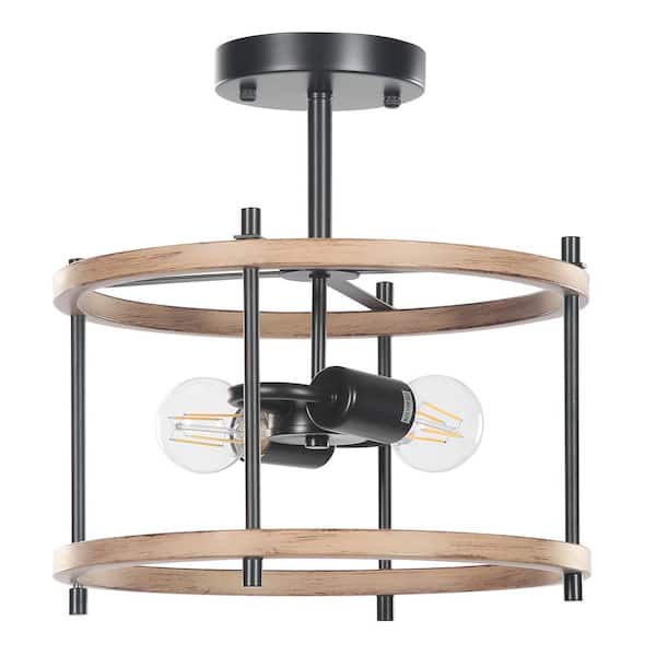 TRIBESIGNS WAY TO ORIGIN 12.8 in. 2-Light Crystal Black Walnut Flush Mount Ceiling Light Rustic Farmhouse Fixture Industrial Metal Home Office