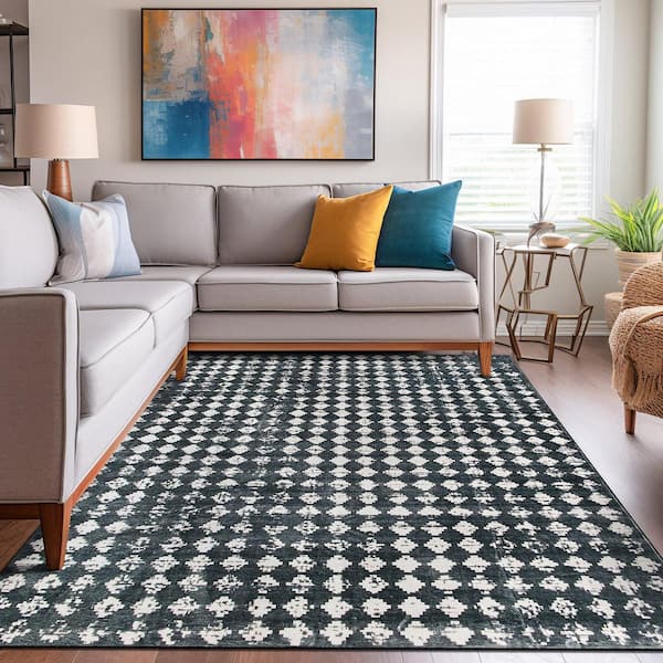 Geometric Distressed Abstract Washable Non Slip Black 8 ft. x 10 ft. Area Rug