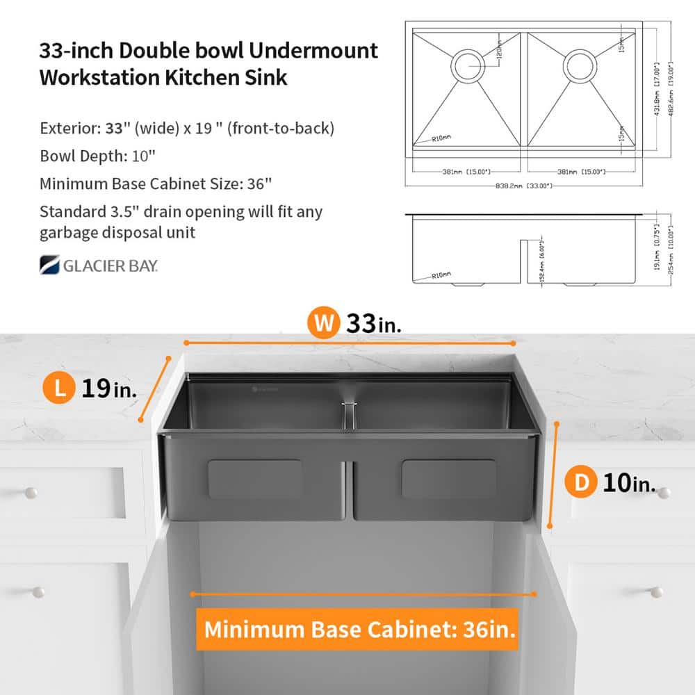 33" Gunmetal Black Stainless Steel Double Bowl Undermount Kitchen Sink