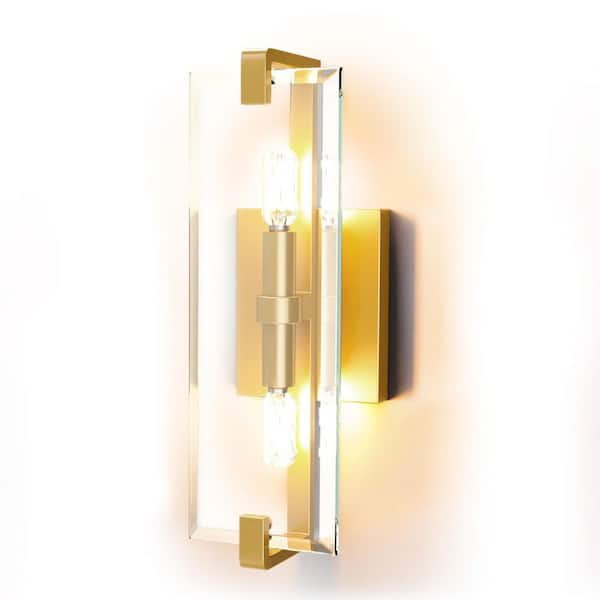 14.5 in. Gold Modern Interior Wall Lamp, 2-Lights Dimmable Wall Sconce with 2 Bulbs for Bathrooms Hallways