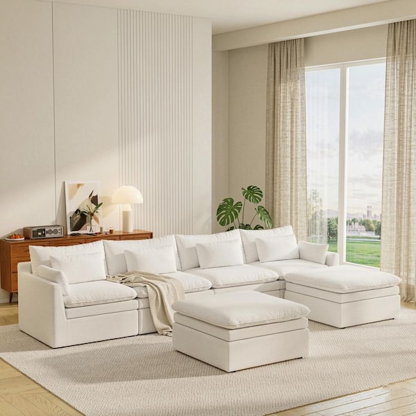 Oversized 156 in. Track Arm 6-piece Polyester Velvet Modular Sectional Sofa in White with 2 Ottomans, Washable Covers