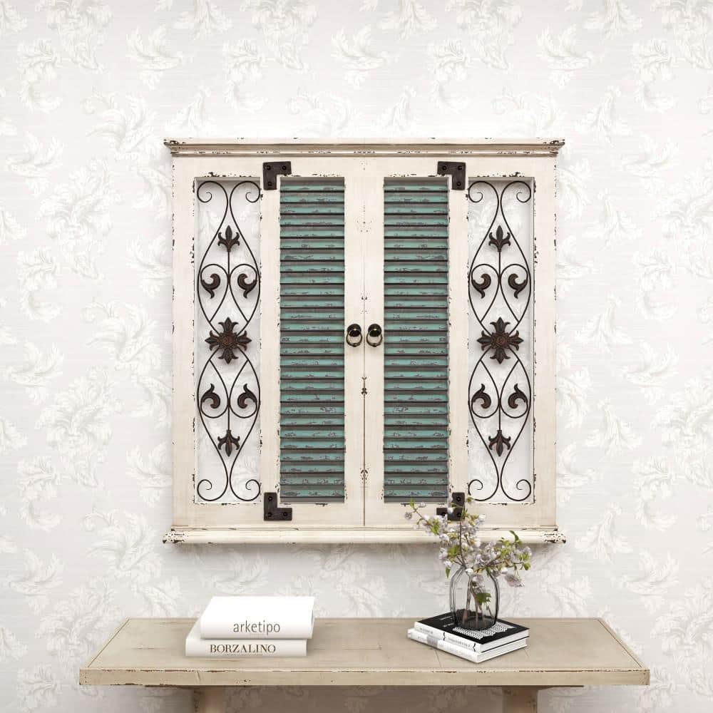 40 in. x 40 in. Wood Beige Window Shutter Scroll Wall Decor with Metal Scrollwork Relief