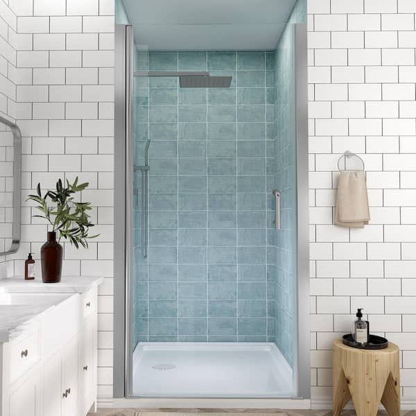 36 to 37-1/4 in. H Pivot Swing Frameless Shower Door in Brushed Nickel with Clear Glass