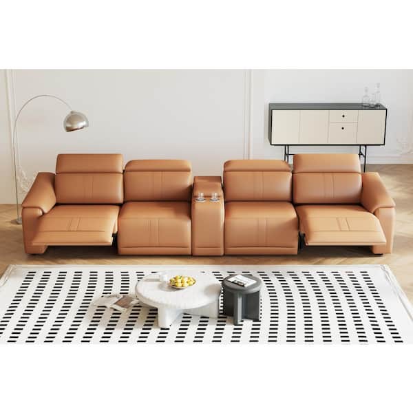Jero 147.5 in. 4-Seater Faux Leather Power Recliner Sectional Sofa in Brown with Adjustable Headrest and Storage Console