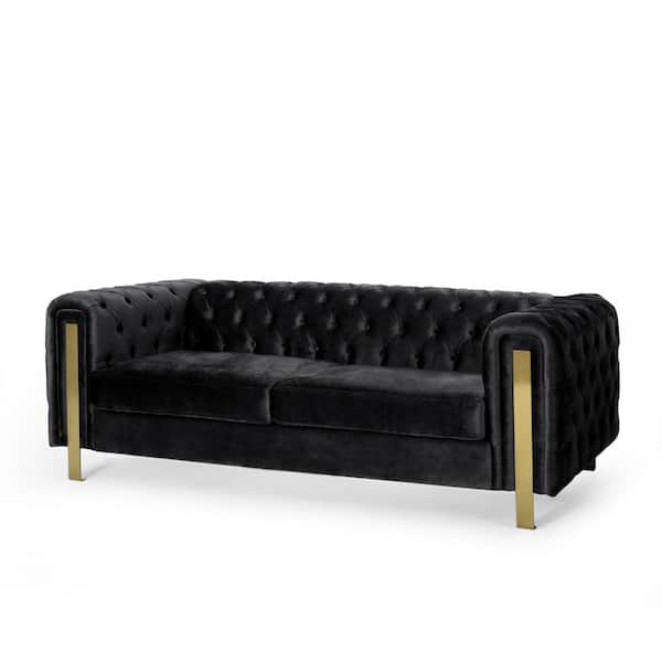Noble House Addyston 83.75 in. Black and Gold Velvet Polyester 3-Seats Sofa