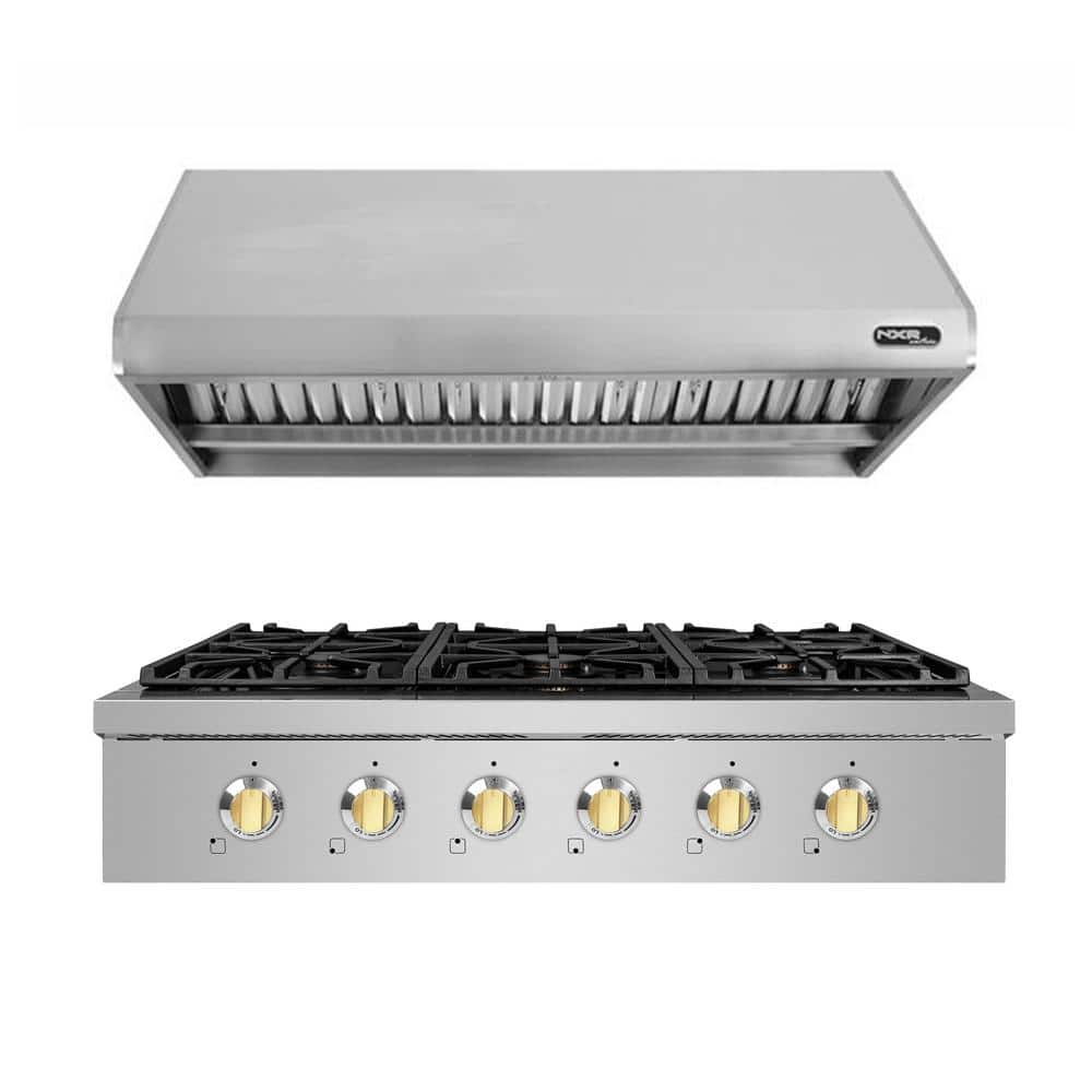 Entree Bundle 36in. Professional Style Liquid Propane Gas Cooktop with 6 Burners, Range Hood in Stainless Steel and Gold