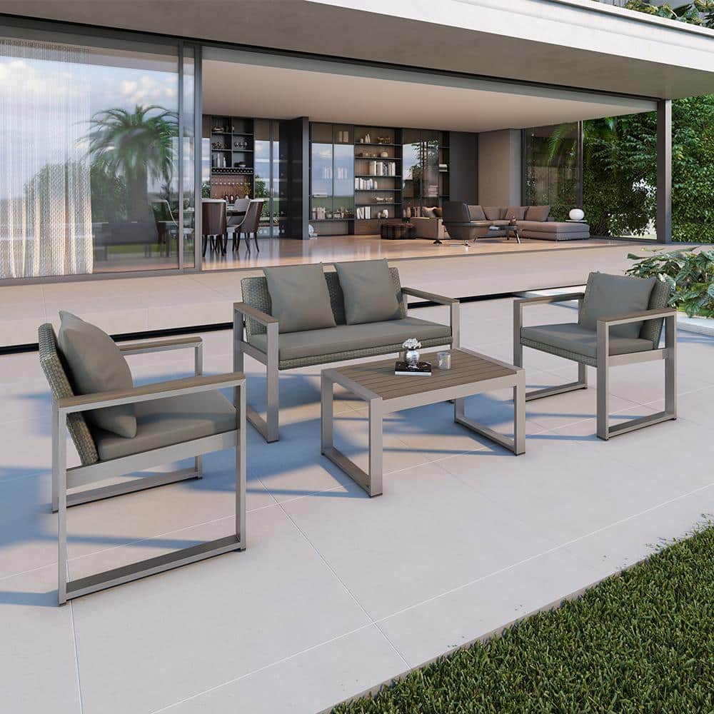 Modern 4-Piece Aluminum and Wicker Patio Conversation Set, Garden Outdoor S