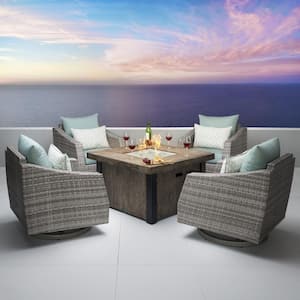 Cannes 5-Piece Wicker Motion Patio Fire Pit Conversation Set with Sunbrella Spa Blue Cushions