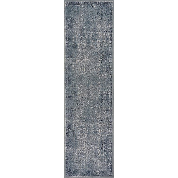 LR Home Imara Alain Blue/Silver 2 ft. 2 in. x 7 ft. 7 in. Transitional Carved Damask Polyester Area Rug