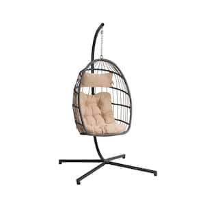 1 Person Outdoor Rattan Hanging Chair Patio Wicker Egg Chair with Beige cushion
