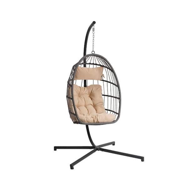 maocao hoom 1 Person Outdoor Rattan Hanging Chair Patio Wicker Egg Chair with Beige cushion