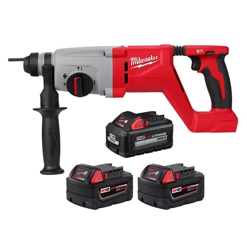 Milwaukee M18 18V Lith-Ion Brushless Cordless 1 in. SDS-Plus Rotary Hammer w/(1) High Output 6.0Ah Battery and (2) 5.0Ah Battery