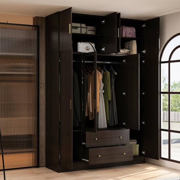 Brown Wood Grain 63 in. W 8 Door Big Armoires with Mirror 2 Hanging Rods 2 Drawers Storage Shelves 94.5 in. H