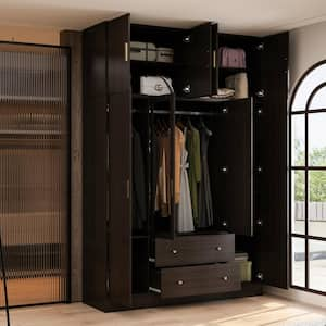 Brown Wood Grain 63 in. W 8-Door Big Armoires With Mirror, 2 Hanging Rods, 2 Drawers, Storage Shelves (94.5 in. H)