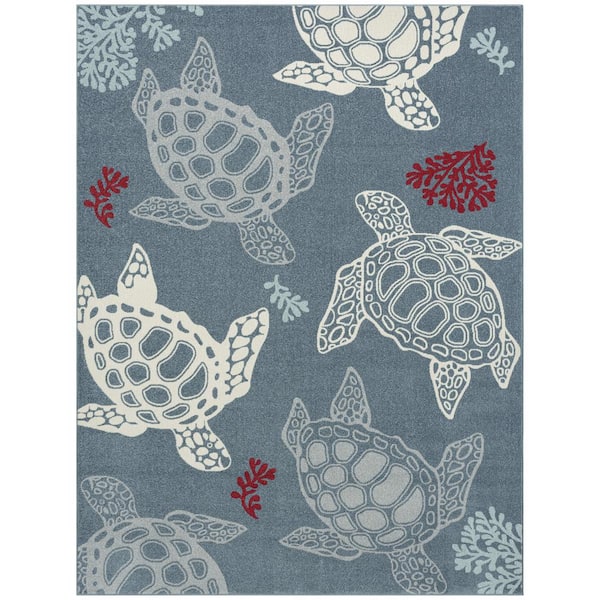 Home Dynamix Marine Sea Turtle Navy Blue/Ivory 5 ft. x 7 ft. Indoor/Outdoor Area Rug