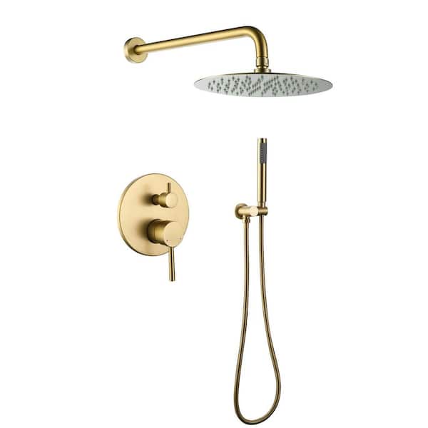 Maincraft 3.6 GPM 2-Spray 10 in. Wall Mount Dual Shower Heads with Handheld Thermostatic Built-In Shower System in Brushed Gold