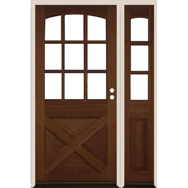 Krosswood Doors 50 in. x 80 in. Farmhouse X Panel LH 1/2 Lite Clear Glass Provincial Stain Hemlock Wood Prehung Front Door with RSL