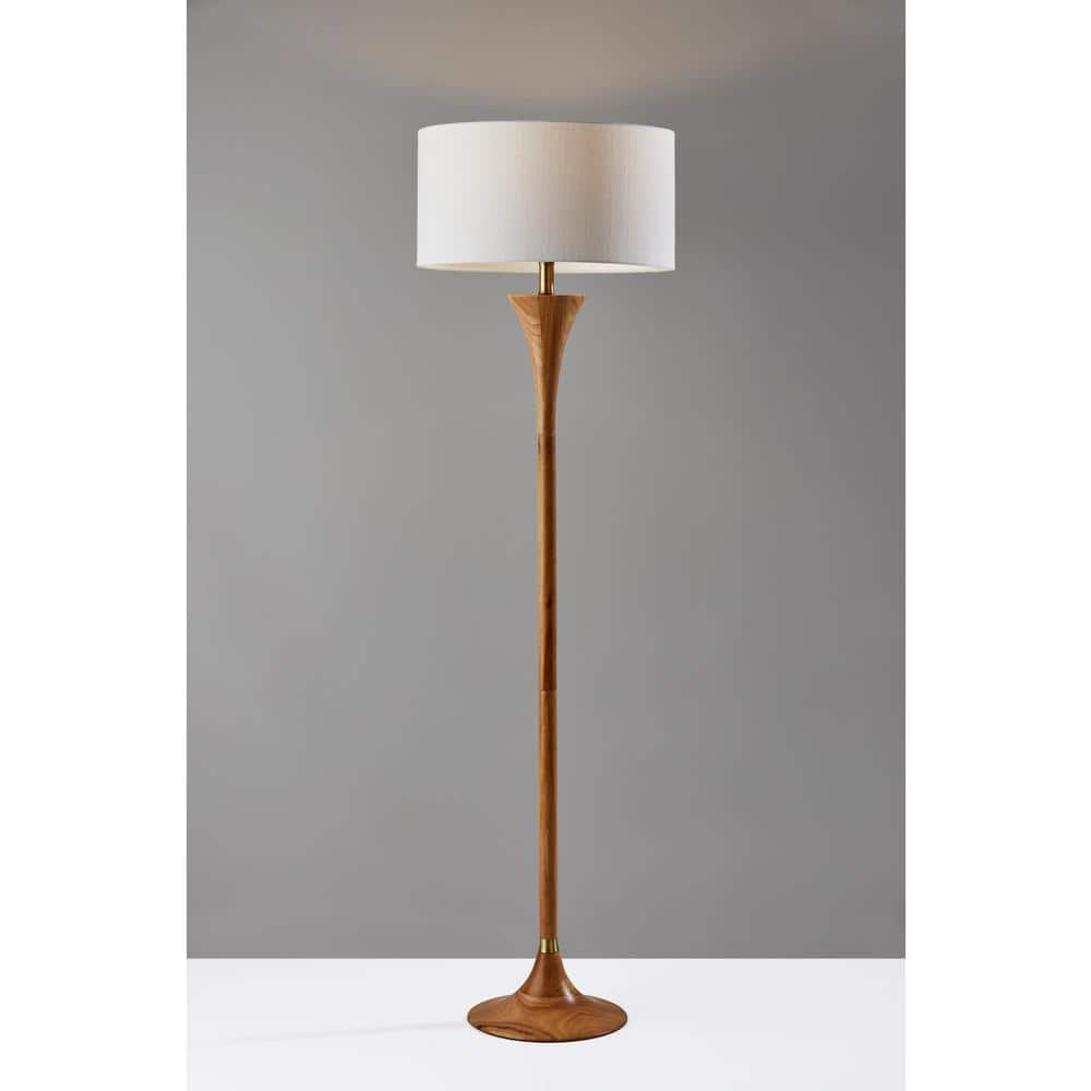 Elegant Natural Rubberwood Floor Lamp with Antique Brass Accent