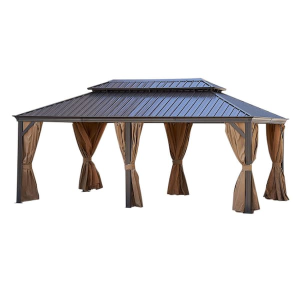 Endark 12 ft. x 20 ft. Bronze Metal Hardtop Gazebo with Double Roof Pergola and Curtain
