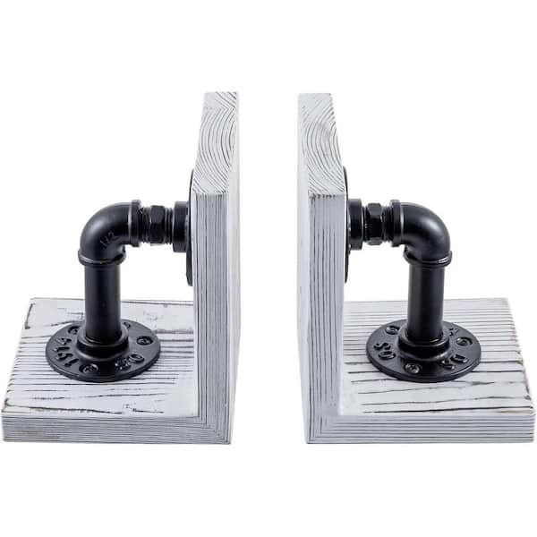 Whitewashed 5 in. x 6 in. Wood Bookend with Realistic Industrial Pipe Design, 1-Pair