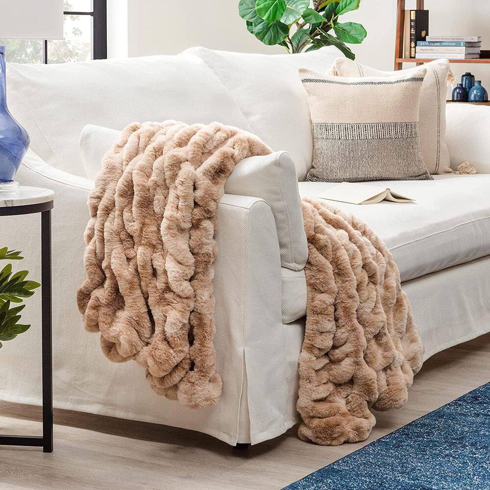 Beige Faux Fur Reversible Throw Blanket 50" x 65"