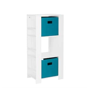 17.38 in. Wide Painted Finish Kids Bookshelf and Toy Organizer Tower 3-Cubbies and 6-Bookracks with 2-Pc Turquoise Bins