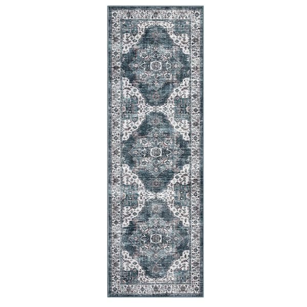 Garvee Ultra-Thin Washable Vintage Floral Rug Soft Non-Slip for Bedroom Living Room Office Blue 2 ft. x 6 ft. Area Rug